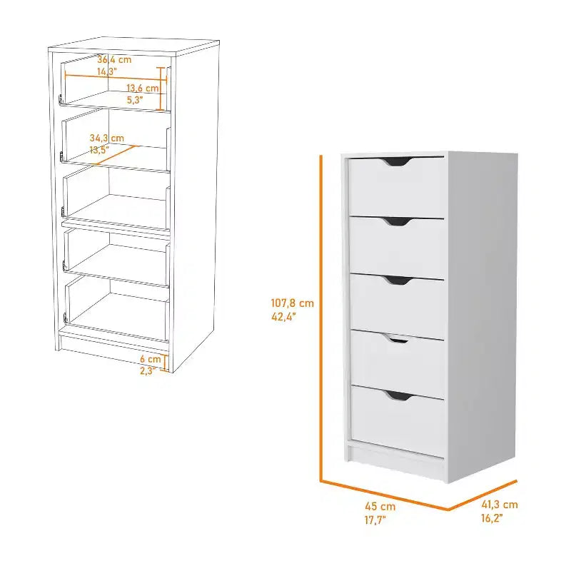 Cassettiera verticale moderna a 5 cassetti Okak, comò in legno alto per soggiorno, ingresso