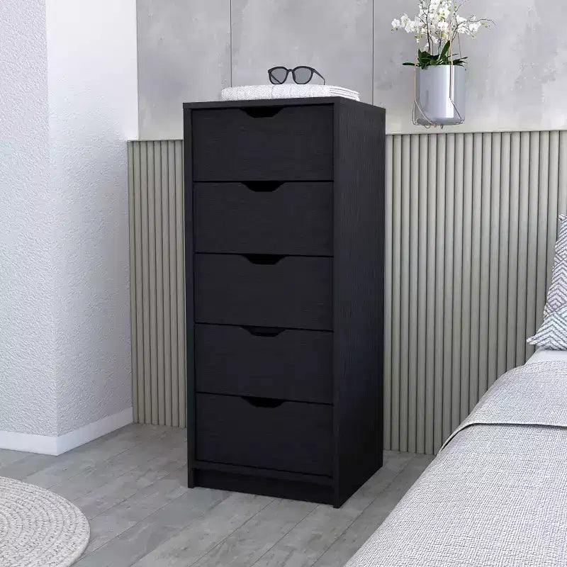 Cassettiera verticale moderna a 5 cassetti Okak, comò in legno alto per soggiorno, ingresso