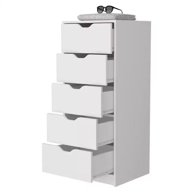 Cassettiera verticale moderna a 5 cassetti Okak, comò in legno alto per soggiorno, ingresso