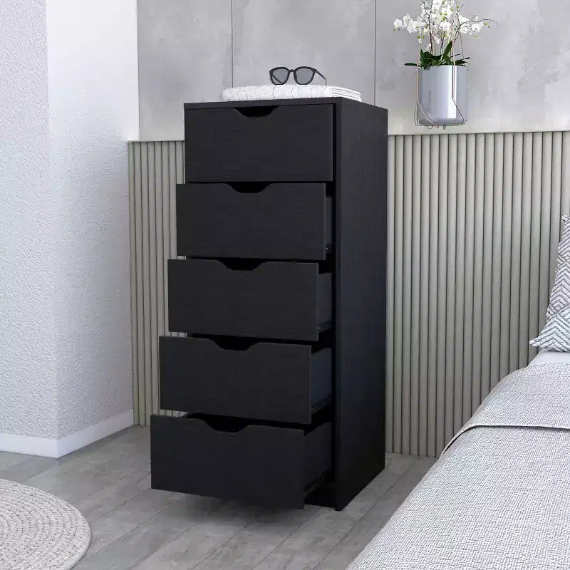 Cassettiera verticale moderna a 5 cassetti Okak, comò in legno alto per soggiorno, ingresso