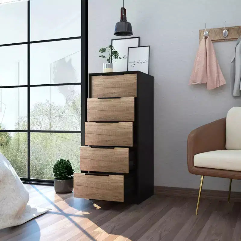 Cassettiera verticale moderna a 5 cassetti Okak, comò in legno alto per soggiorno, ingresso