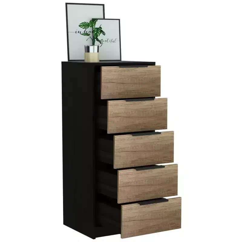 Cassettiera verticale moderna a 5 cassetti Okak, comò in legno alto per soggiorno, ingresso