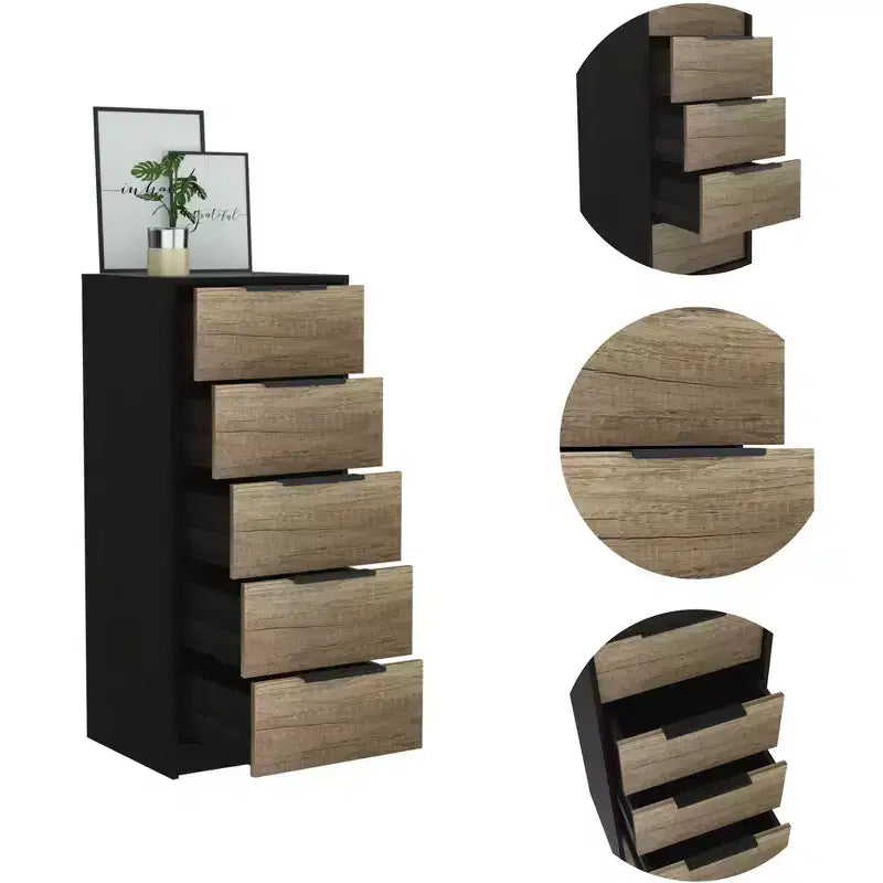 Cassettiera verticale moderna a 5 cassetti Okak, comò in legno alto per soggiorno, ingresso