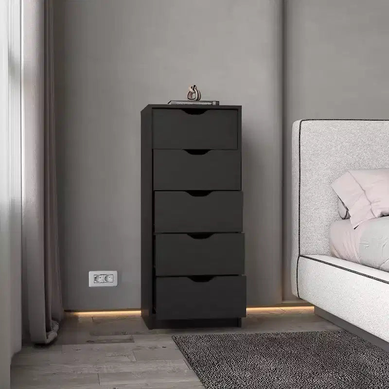 Cassettiera verticale moderna a 5 cassetti Okak, comò in legno alto per soggiorno, ingresso