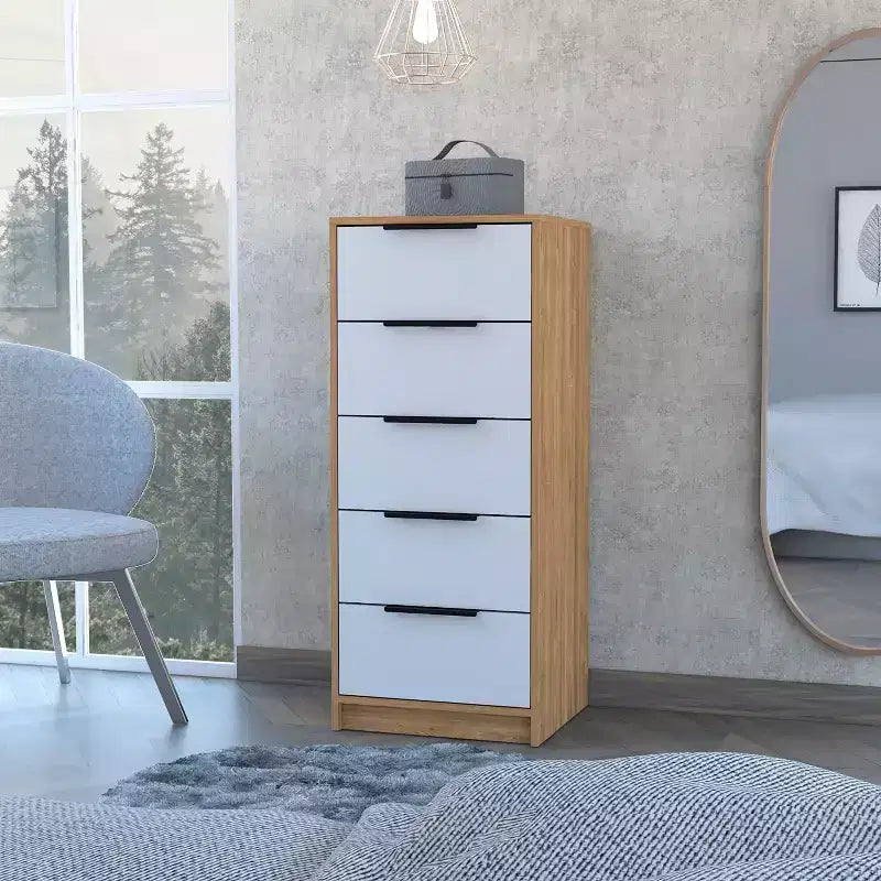 Cassettiera verticale moderna a 5 cassetti Okak, comò in legno alto per soggiorno, ingresso