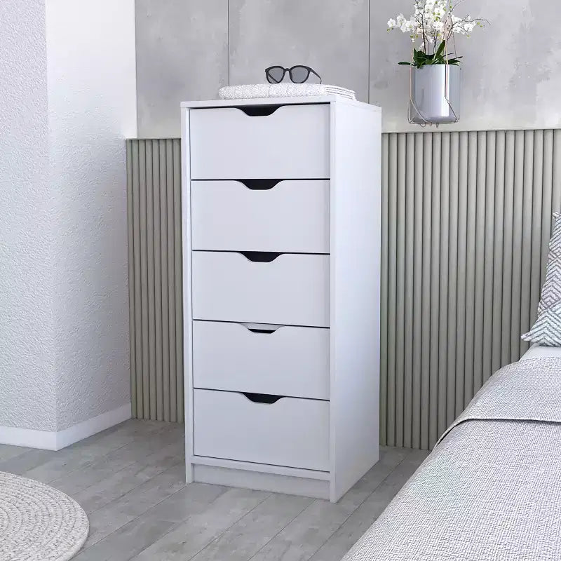 Cassettiera verticale moderna a 5 cassetti Okak, comò in legno alto per soggiorno, ingresso