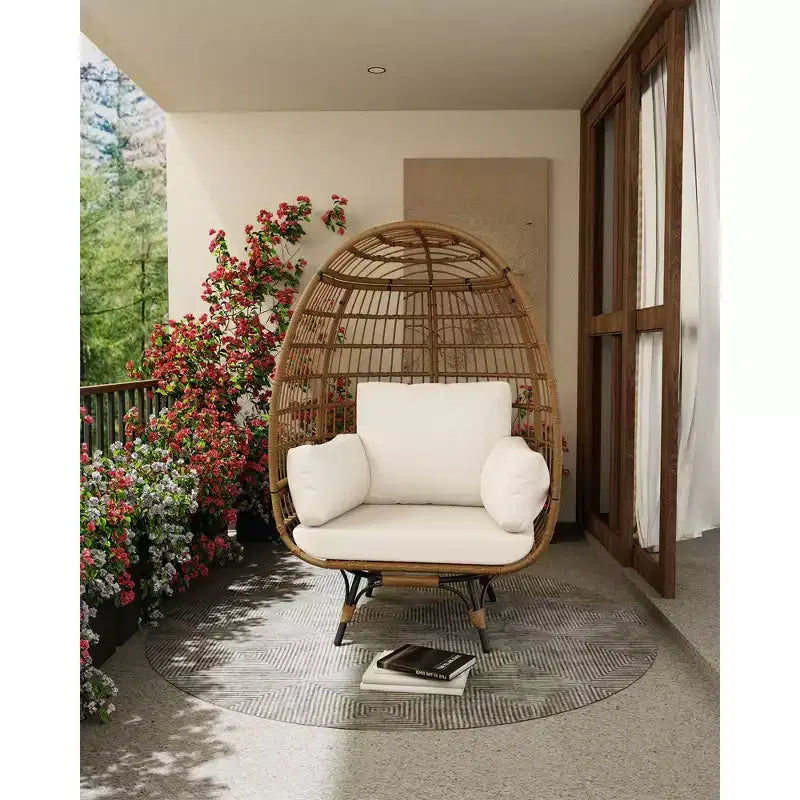 Oversized 360 Swivel Egg Chair for Outdoor, Rattan Egg-Shaped Lounger Chair with 4 Thick Cushions,350LBs Capacity PE Rattan Basket Chairs