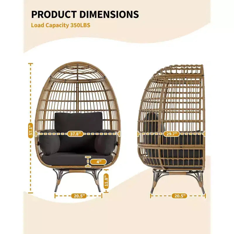 Oversized 360 Swivel Egg Chair for Outdoor, Rattan Egg-Shaped Lounger Chair with 4 Thick Cushions,350LBs Capacity PE Rattan Basket Chairs