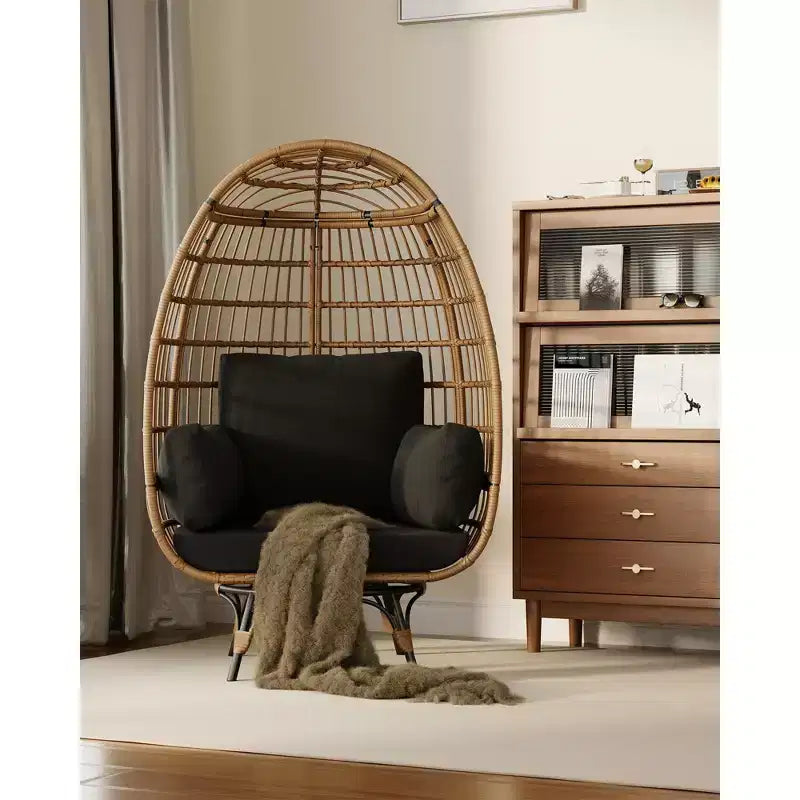 Oversized 360 Swivel Egg Chair for Outdoor, Rattan Egg-Shaped Lounger Chair with 4 Thick Cushions,350LBs Capacity PE Rattan Basket Chairs
