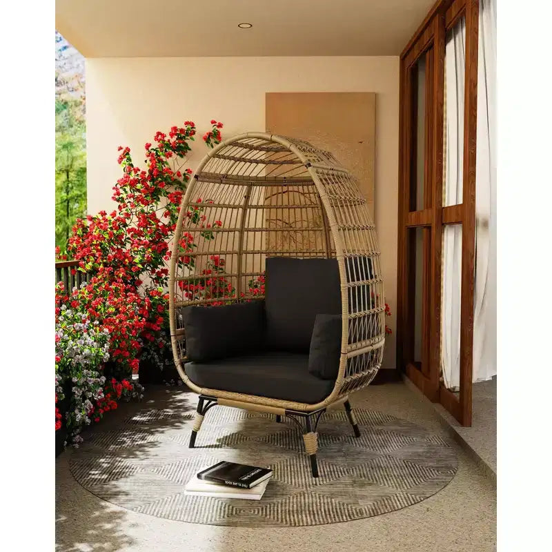 Oversize Wicker Egg Chair Outdoor with Steel Frame, Egg Basket Lounge Chair with 4 Cushions, Egg-Shaped Chair for Patio, Porch, Backyard