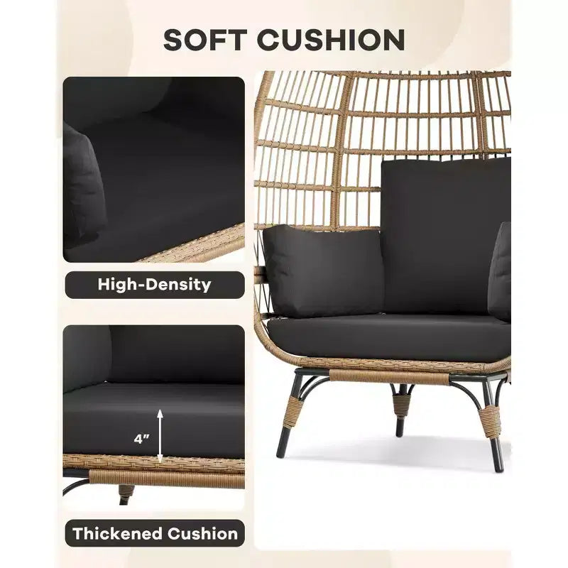 Oversize Wicker Egg Chair Outdoor with Steel Frame, Egg Basket Lounge Chair with 4 Cushions, Egg-Shaped Chair for Patio, Porch, Backyard