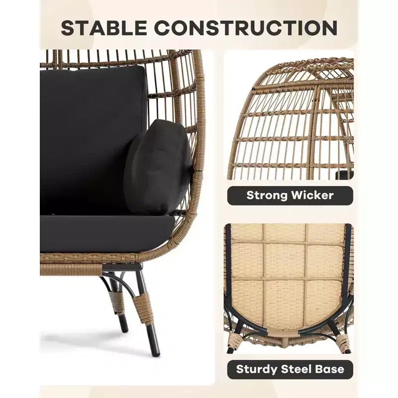 Oversize Wicker Egg Chair Outdoor with Steel Frame, Egg Basket Lounge Chair with 4 Cushions, Egg-Shaped Chair for Patio, Porch, Backyard