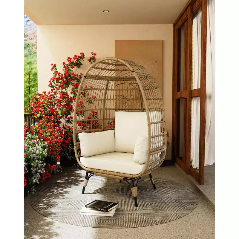 Oversize Wicker Egg Chair Outdoor with Steel Frame, Egg Basket Lounge Chair with 4 Cushions, Egg-Shaped Chair for Patio, Porch, Backyard