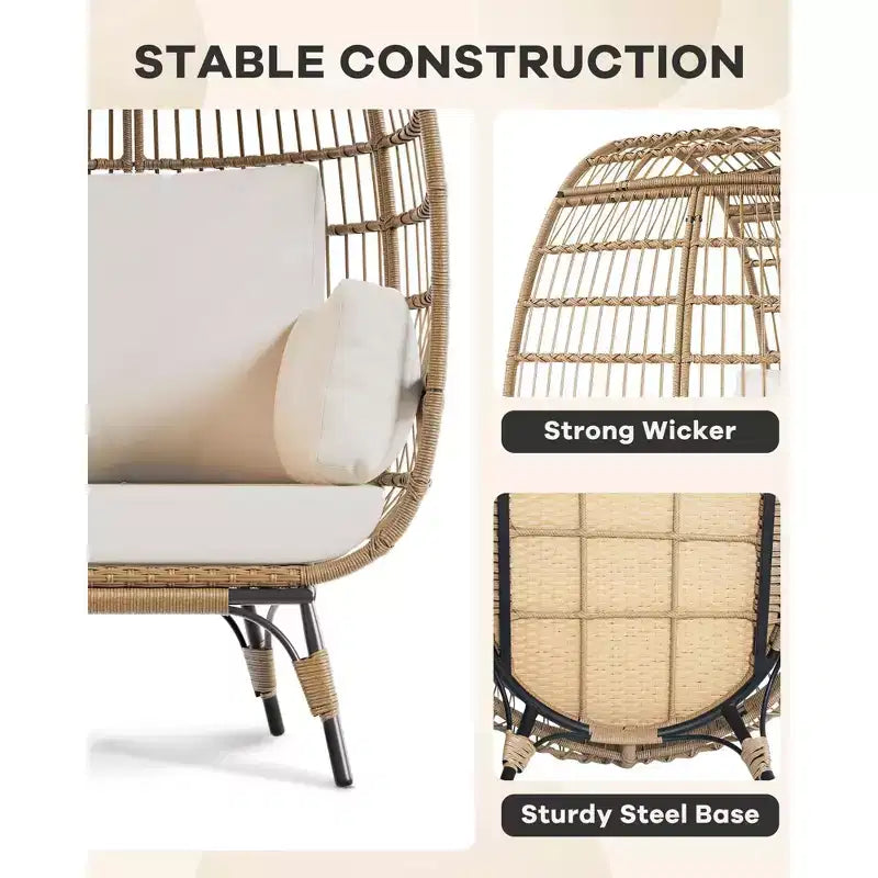 Oversize Wicker Egg Chair Outdoor with Steel Frame, Egg Basket Lounge Chair with 4 Cushions, Egg-Shaped Chair for Patio, Porch, Backyard