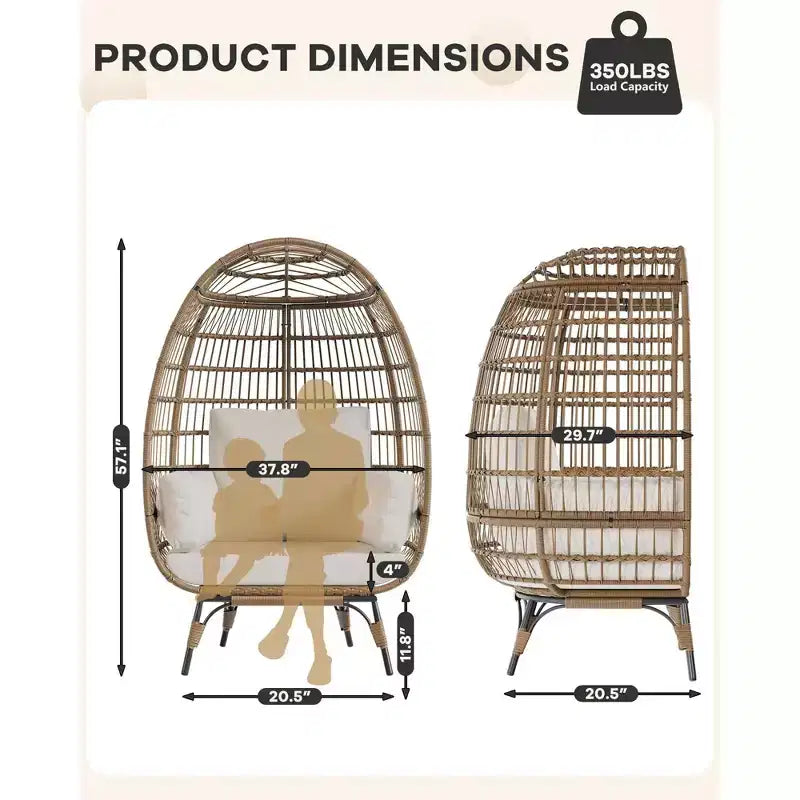 Oversize Wicker Egg Chair Outdoor with Steel Frame, Egg Basket Lounge Chair with 4 Cushions, Egg-Shaped Chair for Patio, Porch, Backyard