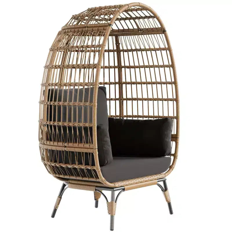 Oversize Wicker Egg Chair Outdoor with Steel Frame, Egg Basket Lounge Chair with 4 Cushions, Egg-Shaped Chair for Patio, Porch, Backyard