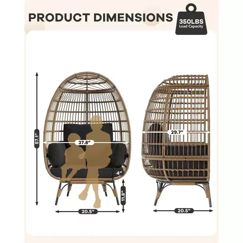 Oversize Wicker Egg Chair Outdoor with Steel Frame, Egg Basket Lounge Chair with 4 Cushions, Egg-Shaped Chair for Patio, Porch, Backyard