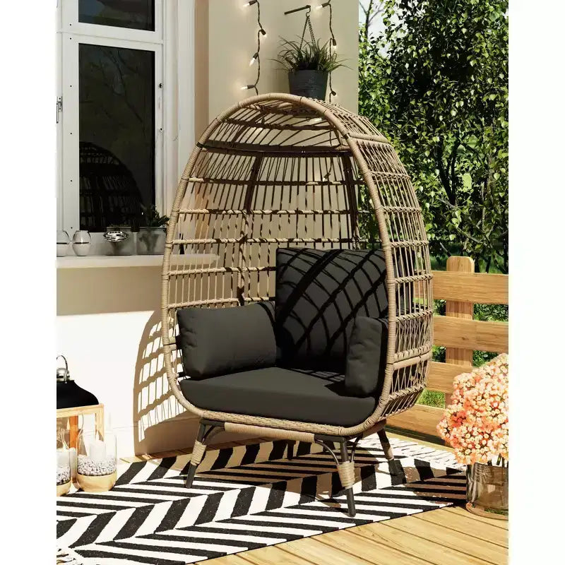 Poltrona a uovo oversize in vimini per esterni con struttura in acciaio, poltrona lounge a forma di uovo con 4 cuscini, poltrona a forma di uovo per patio, portico, cortile