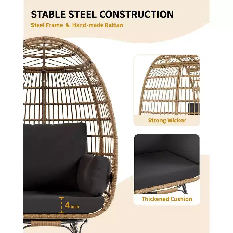 Poltrona a Uovo Girevole a 360° per Esterni, Poltrona a Uovo in Vimini Sovradimensionata con 4 Cuscini, Poltrona Lounge a Forma di Uovo in Rattan con Telaio in Acciaio