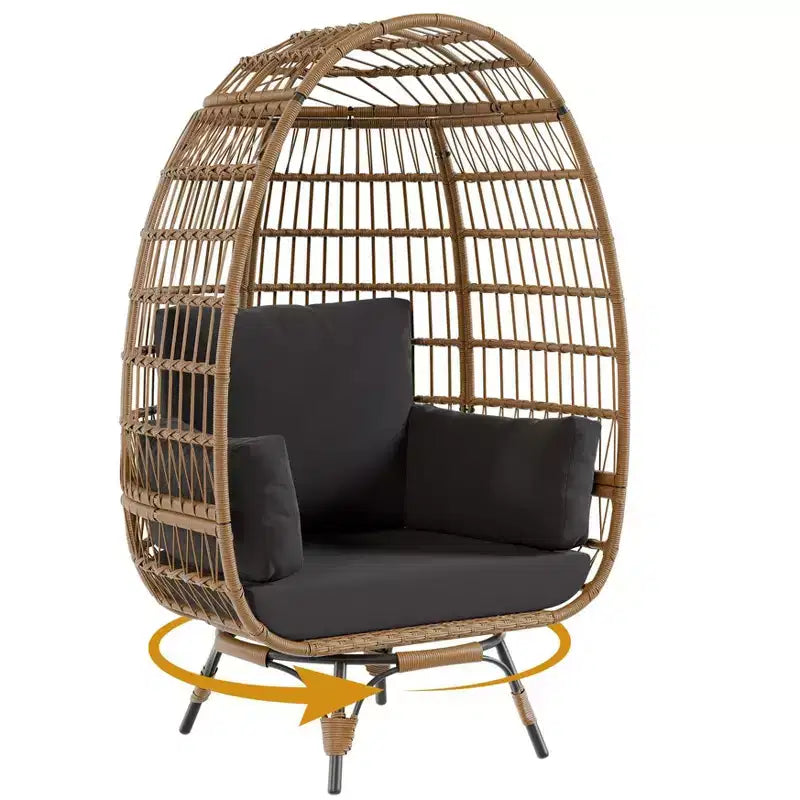 Poltrona a Uovo Girevole a 360° per Esterni, Poltrona a Uovo in Vimini Sovradimensionata con 4 Cuscini, Poltrona Lounge a Forma di Uovo in Rattan con Telaio in Acciaio