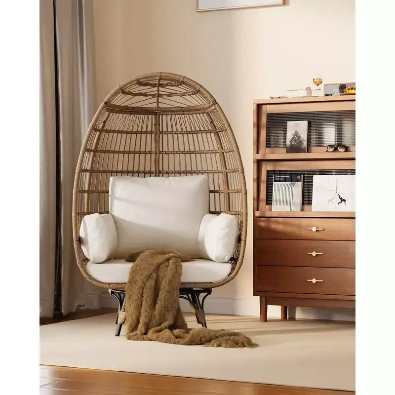 Poltrona a Uovo Girevole a 360° per Esterni, Poltrona a Uovo in Vimini Sovradimensionata con 4 Cuscini, Poltrona Lounge a Forma di Uovo in Rattan con Telaio in Acciaio