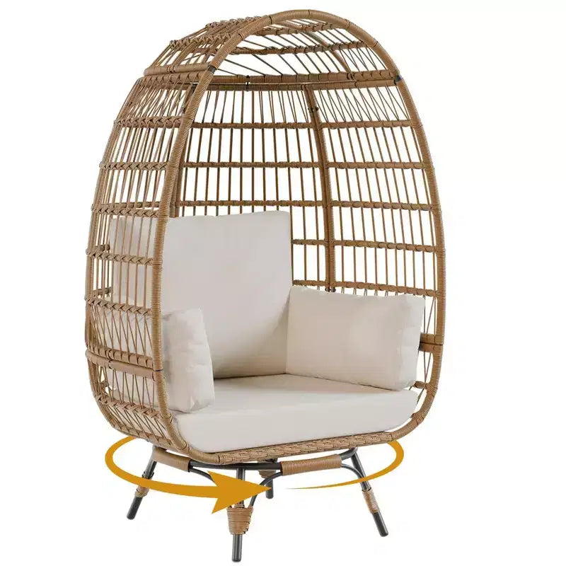 Poltrona a Uovo Girevole a 360° per Esterni, Poltrona a Uovo in Vimini Sovradimensionata con 4 Cuscini, Poltrona Lounge a Forma di Uovo in Rattan con Telaio in Acciaio
