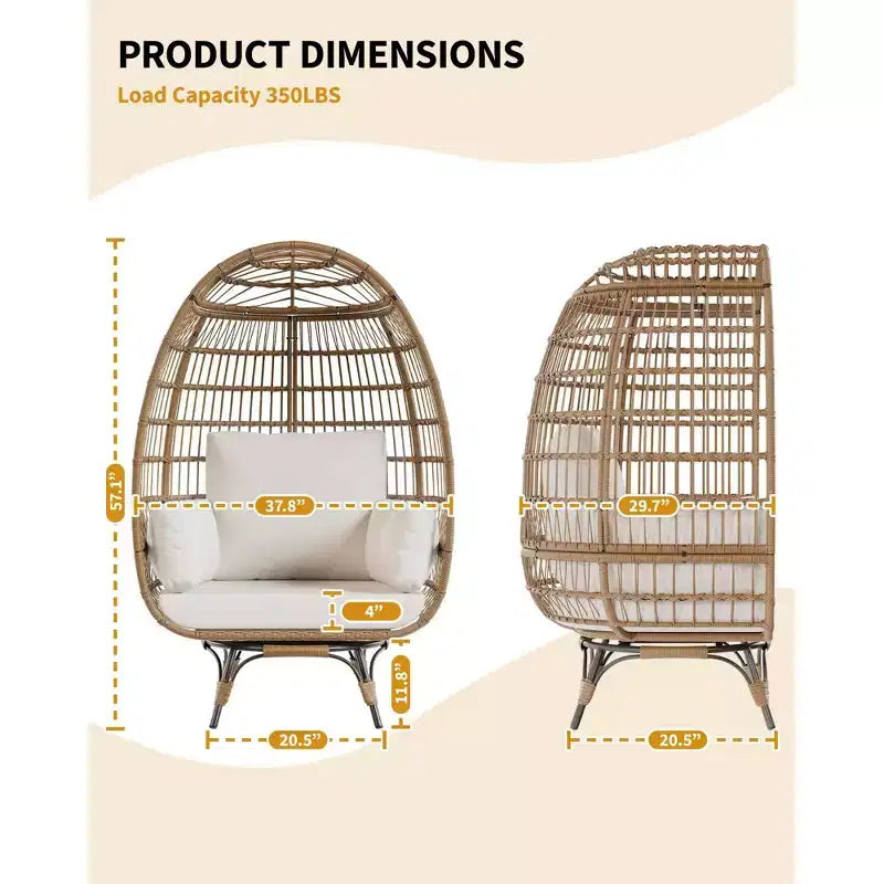 Poltrona a Uovo Girevole a 360° per Esterni, Poltrona a Uovo in Vimini Sovradimensionata con 4 Cuscini, Poltrona Lounge a Forma di Uovo in Rattan con Telaio in Acciaio