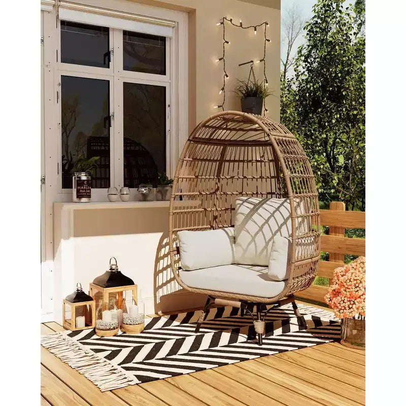 360 Swivel Egg Chair Outdoor, Oversized Wicker Egg Chairs with 4 Cushions Rattan Egg-Shaped Lounge Chair w/Steel Frame