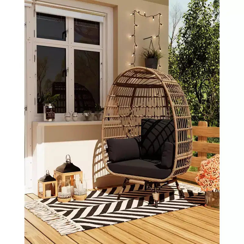 Poltrona a Uovo Girevole a 360° per Esterni, Poltrona a Uovo in Vimini Sovradimensionata con 4 Cuscini, Poltrona Lounge a Forma di Uovo in Rattan con Telaio in Acciaio