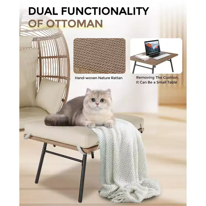 Poltrona a Uovo in Vimini Oversize con Pouf, Poltrona a Cesto a Uovo con Cuscino Spesso, Comoda Poltrona a Uovo in Rattan per Interni Esterni Patio Portico