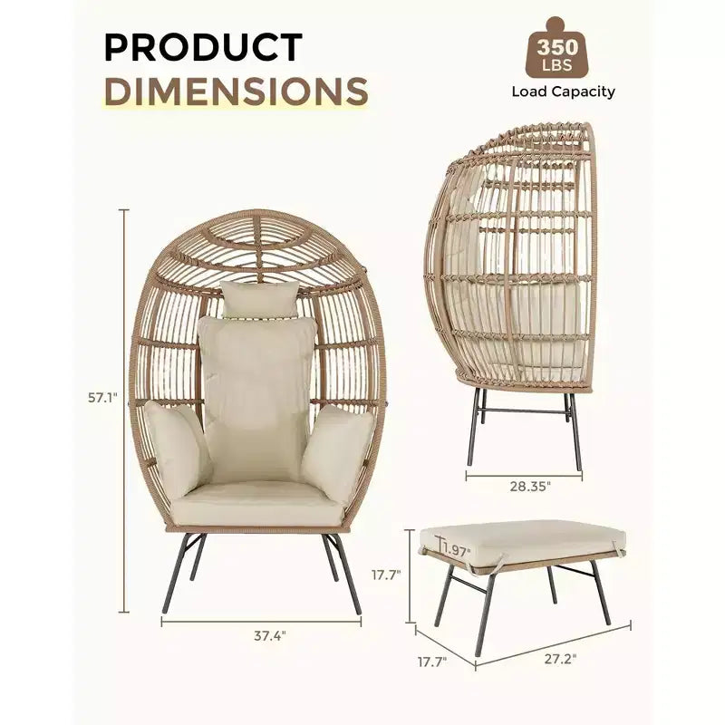 Poltrona a Uovo in Vimini Oversize con Pouf, Poltrona a Cesto a Uovo con Cuscino Spesso, Comoda Poltrona a Uovo in Rattan per Interni Esterni Patio Portico