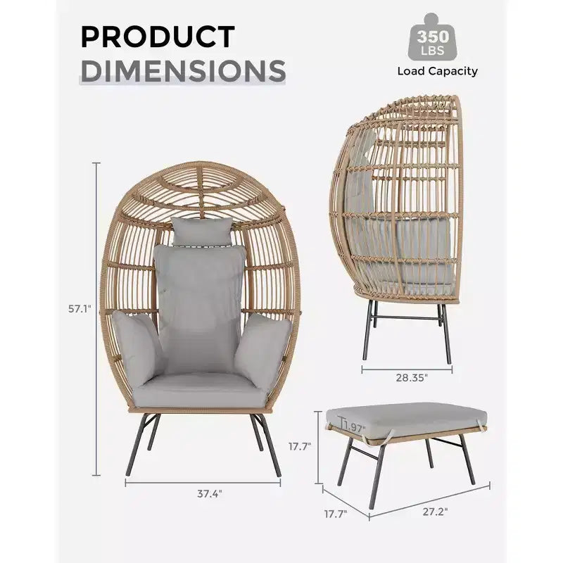 Poltrona a Uovo in Vimini Oversize con Pouf, Poltrona a Cesto a Uovo con Cuscino Spesso, Comoda Poltrona a Uovo in Rattan per Interni Esterni Patio Portico
