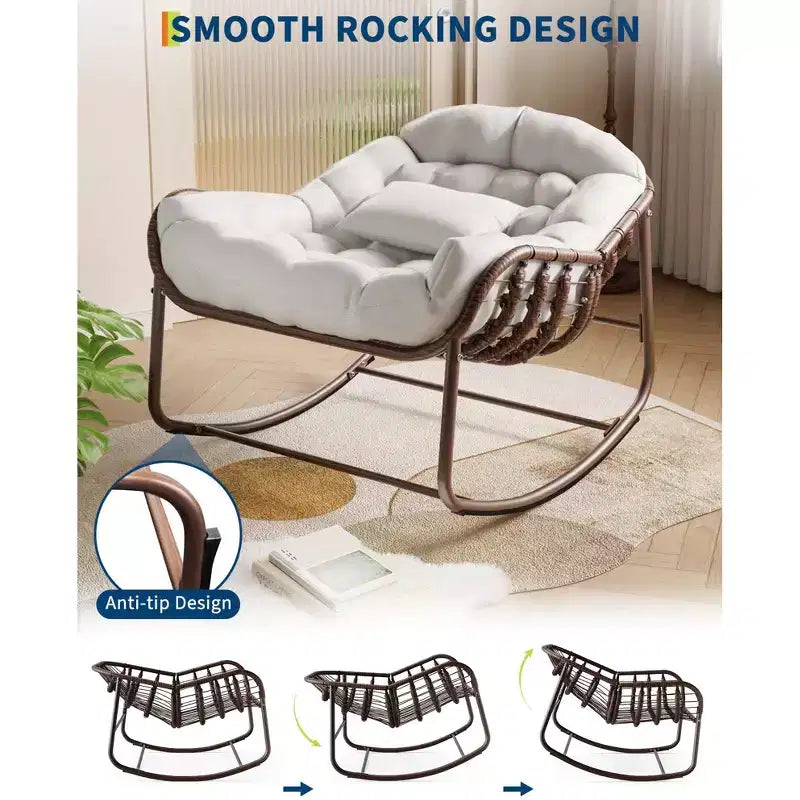 Outdoor Papasan Rocking Chair, Oversized Wicker Lounge Chair with Cushion and Metal Frame, Patio Rattan Egg Rocker