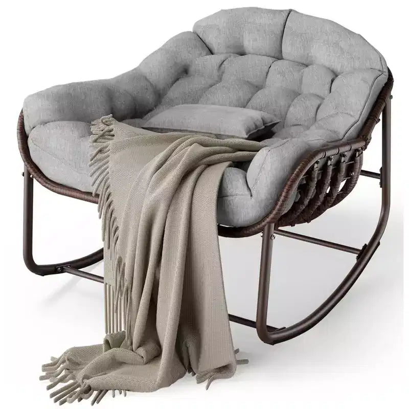 Outdoor Papasan Rocking Chair, Oversized Wicker Lounge Chair with Cushion and Metal Frame, Patio Rattan Egg Rocker