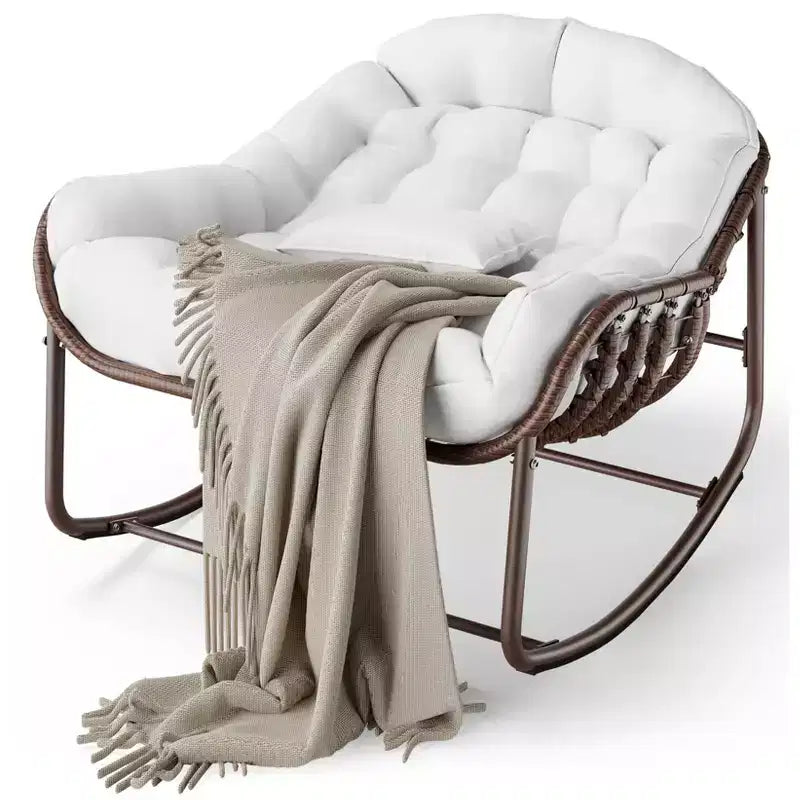 Outdoor Papasan Rocking Chair, Oversized Wicker Lounge Chair with Cushion and Metal Frame, Patio Rattan Egg Rocker
