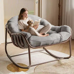 Outdoor Papasan Rocking Chair, Oversized Wicker Lounge Chair with Cushion and Metal Frame, Patio Rattan Egg Rocker