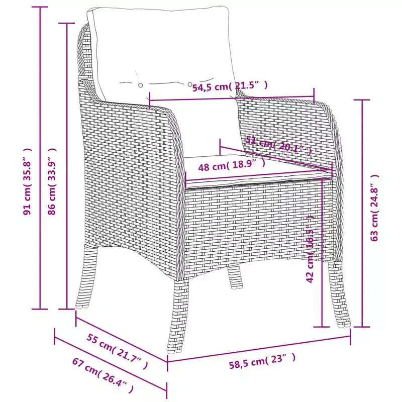 vidaXL 2 pcs Gray Poly Rattan Patio Chairs - Navy Blue Cushions, Weather-Resistant, Garden/Outdoor Seating, Washable Covers, 23x26.4x33.9