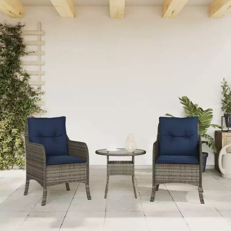 vidaXL 2 pcs Gray Poly Rattan Patio Chairs - Navy Blue Cushions, Weather-Resistant, Garden/Outdoor Seating, Washable Covers, 23x26.4x33.9