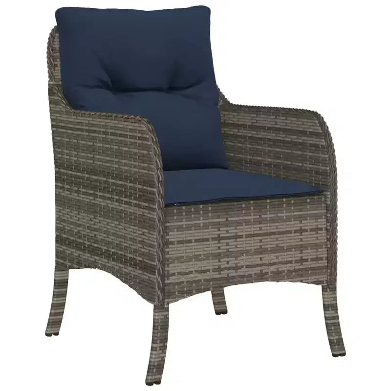 vidaXL 2 pcs Gray Poly Rattan Patio Chairs - Navy Blue Cushions, Weather-Resistant, Garden/Outdoor Seating, Washable Covers, 23x26.4x33.9