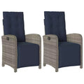 vidaXL Reclining Patio Chairs 2 pcs - Gray Poly Rattan with Navy Blue Cushions, Adjustable Backrest/Footrest, Powder-Coated Steel Frame