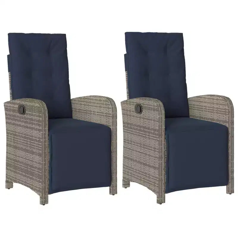 vidaXL Reclining Patio Chairs 2 pcs - Gray Poly Rattan with Navy Blue Cushions, Adjustable Backrest/Footrest, Powder-Coated Steel Frame
