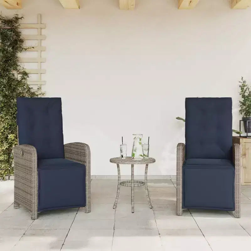 vidaXL Sedie Reclinabili da Giardino 2 pz - Rattan Sintetico Grigio con Cuscini Blu Scuro, Schienale/Poggiapiedi Regolabili, Telaio in Acciaio Verniciato a Polvere