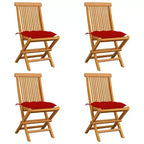 vidaXL Solid Teak Wood Patio Chairs with Red Cushions, Outdoor Garden Furniture, Set of 4, Weather Resistant, Comfort Seating, Foldable and