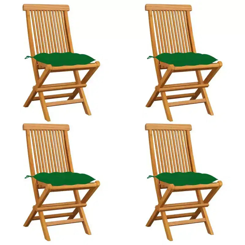 vidaXL Set di 4 sedie da giardino in teak con cuscini verdi, resistenti alle intemperie, leggere, pieghevoli e facili da pulire. Perfette per l'esterno