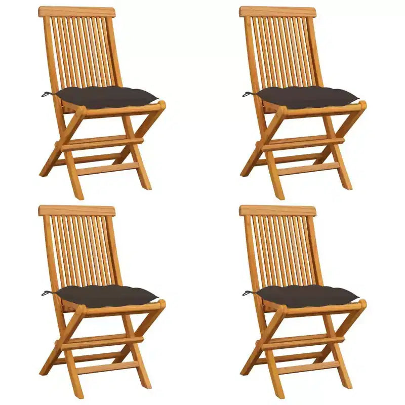 vidaXL Wooden Folding Patio Chairs, Solid Teak Hardwood, Complete Set of 4, w/ Taupe Seat Cushions, Lightweight, Portable, Easy Clean, Comfortable