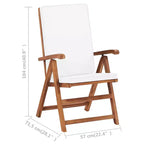 vidaXL Reclining Chair Set, Teak, Cream Cushioned, 5-Position Adjustable Backrest, Foldable for Space Saving, Weatherproof, Balcony, Poolside