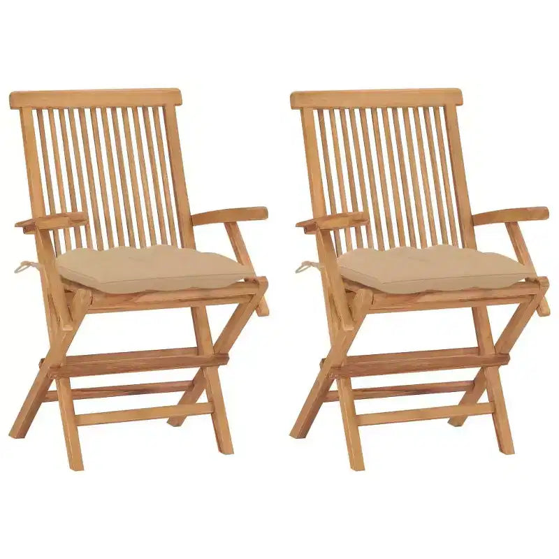 vidaXL 2-Pcs Beige Cushioned Patio Chair Set, Durable Teak, Weatherproof Outdoor, Foldable Designs for Easy Storage, Ideal for Garden, Terrace
