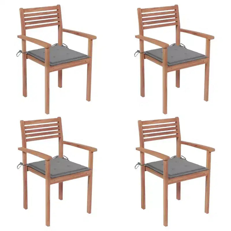vidaXL Sedie da giardino per esterno, set da 4, con cuscini grigi inclusi, realizzate in legno massello di teak resistente, design impilabile, versatili per uso domestico o caffè
