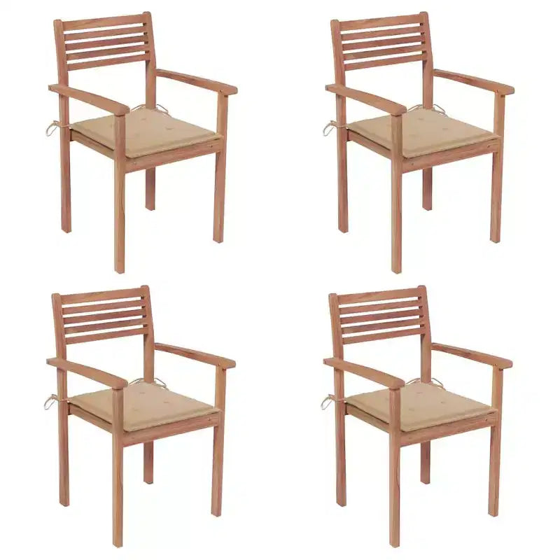 vidaXL Sedie da Giardino in Legno Teak - Set da 4, Arredo Esterno Impilabile con Cuscini Beige, Design Senza Tempo, Adatte per Casa, Ufficio, Bar e Caffè