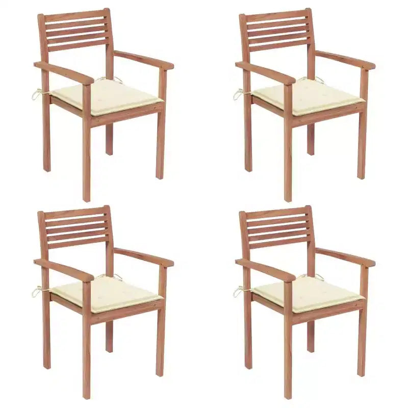 vidaXL Set 4 Sedie da Giardino con Cuscini Crema, Mobili da Esterno, Robusta Struttura in Teak, Design Impilabile, Resistente alle Intemperie